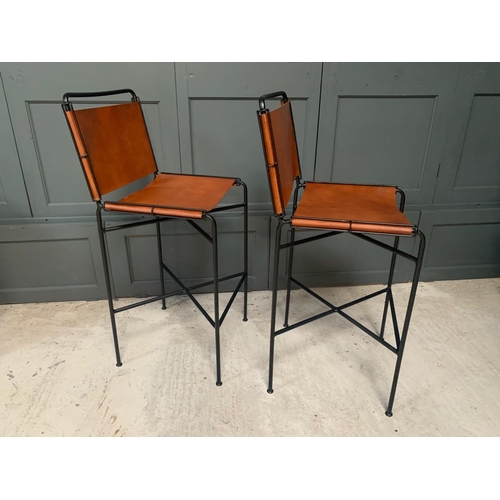 166 - NEW BOXED PAIR OF DESIGNER FRAMED INDUSTRIAL STYLE METAL HIGH BACK BAR STOOLS IN TAN LEATHER