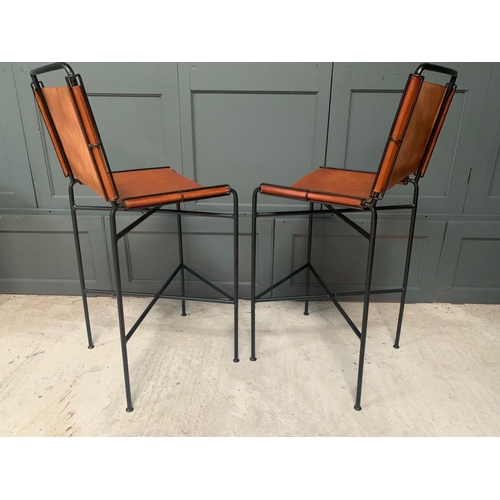 166 - NEW BOXED PAIR OF DESIGNER FRAMED INDUSTRIAL STYLE METAL HIGH BACK BAR STOOLS IN TAN LEATHER