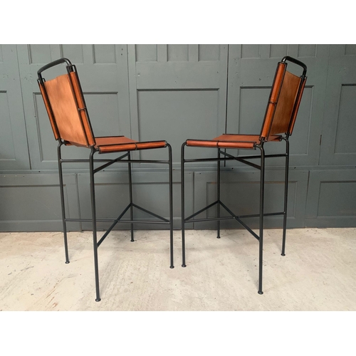 166 - NEW BOXED PAIR OF DESIGNER FRAMED INDUSTRIAL STYLE METAL HIGH BACK BAR STOOLS IN TAN LEATHER