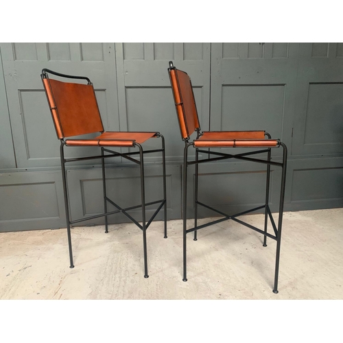 166 - NEW BOXED PAIR OF DESIGNER FRAMED INDUSTRIAL STYLE METAL HIGH BACK BAR STOOLS IN TAN LEATHER