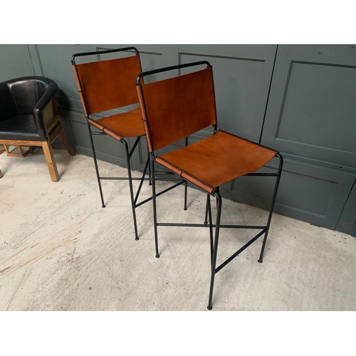 166 - NEW BOXED PAIR OF DESIGNER FRAMED INDUSTRIAL STYLE METAL HIGH BACK BAR STOOLS IN TAN LEATHER