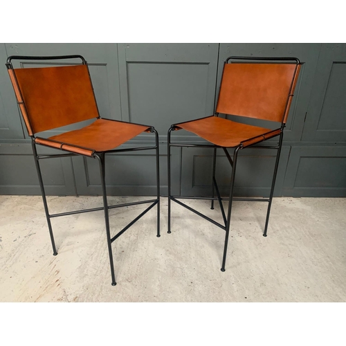 167 - NEW BOXED PAIR OF DESIGNER FRAMED INDUSTRIAL STYLE METAL HIGH BACK BAR STOOLS IN TAN LEATHER