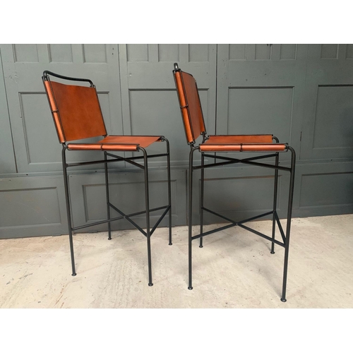 167 - NEW BOXED PAIR OF DESIGNER FRAMED INDUSTRIAL STYLE METAL HIGH BACK BAR STOOLS IN TAN LEATHER