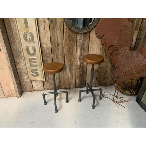 168 - PAIR OF INDUSTRIAL STYLE SCAFFOLD BAR STOOLS IN TAN LEATHER