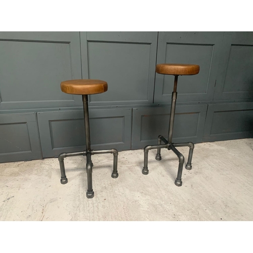 168 - PAIR OF INDUSTRIAL STYLE SCAFFOLD BAR STOOLS IN TAN LEATHER