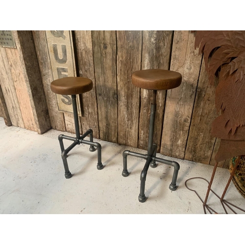 169 - PAIR OF INDUSTRIAL STYLE SCAFFOLD BAR STOOLS IN TAN LEATHER