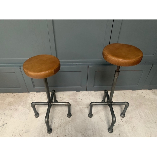 169 - PAIR OF INDUSTRIAL STYLE SCAFFOLD BAR STOOLS IN TAN LEATHER