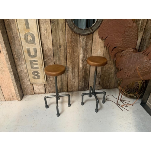 169 - PAIR OF INDUSTRIAL STYLE SCAFFOLD BAR STOOLS IN TAN LEATHER