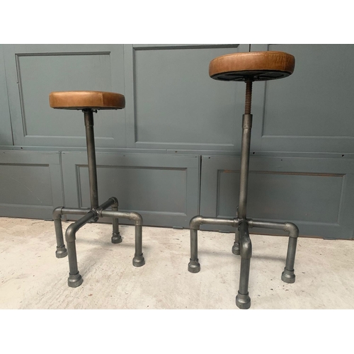 169 - PAIR OF INDUSTRIAL STYLE SCAFFOLD BAR STOOLS IN TAN LEATHER