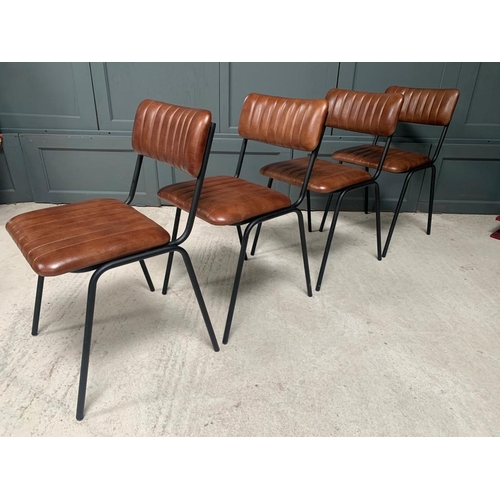 171 - PAIR OF NEW BOXED INDUSTRIAL VINTAGE STYLE DINING CHAIRS WITH RIBBED LEATHER IN DARK BROWN