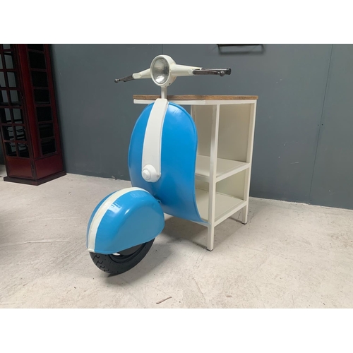 23 - BRAND NEW BOXED BLUE AND WHITE VINTAGE RETRO VESPA SIDE TABLES WITH HANDLE BARS + WHEEL