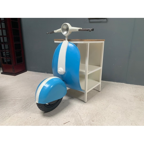 23 - BRAND NEW BOXED BLUE AND WHITE VINTAGE RETRO VESPA SIDE TABLES WITH HANDLE BARS + WHEEL