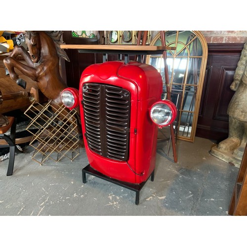 18 - VINTAGE RETRO RED TRACTOR MINI BAR/CABINET WITH WOODEN TOP AND WORKING LIGHTS