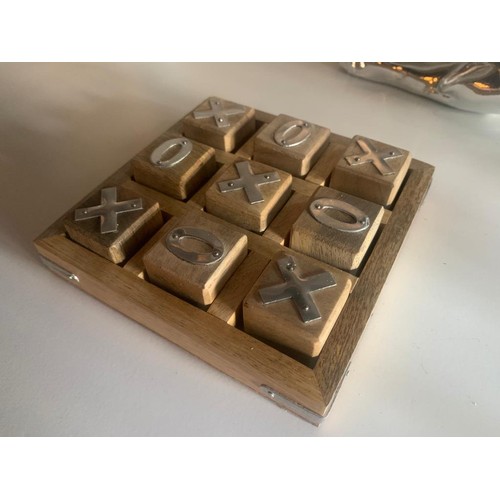 101 - BOX NEW TEAK AND BRASS NOUGHTS AND CROSSES GAME
