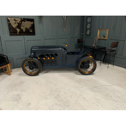 16 - Vintage Metal Dark Blue Racing Car Mini Bar/Wine Rack on Original  Wheels with Gold Trim Including C... 