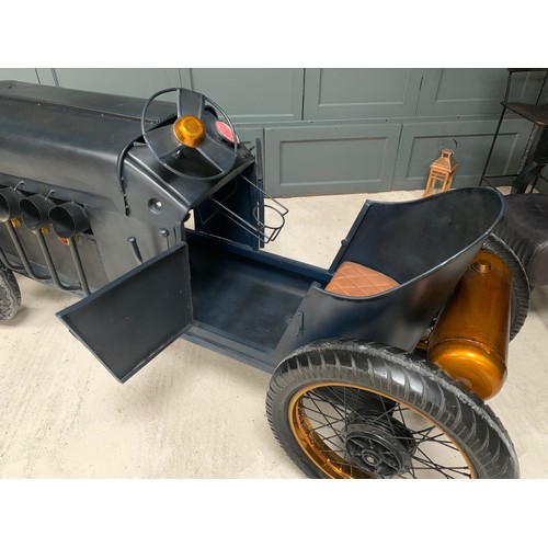 16 - Vintage Metal Dark Blue Racing Car Mini Bar/Wine Rack on Original  Wheels with Gold Trim Including C... 