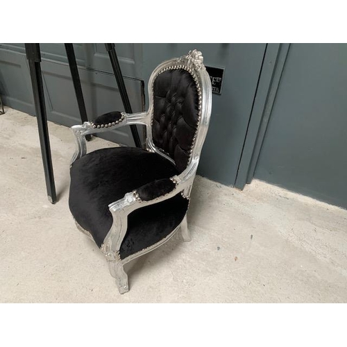 103 - BABY LOUIS CHAIR, HANDFINISHED ANTIQUE SILVER DISTRESSED FRAME AND NEW BLACK UPHOLSTERY