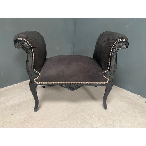 108 - BLACK FRENCH STYLE WINDOW SEAT ON HANDFINISHED DISTRESSED BLACK FRAME AND NEW BLACK UPHOLSTERY