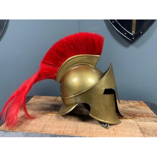 165 - NEW BOXED HEAVILY DETAILED BRASS GREEK RED SPARTAN HELMET