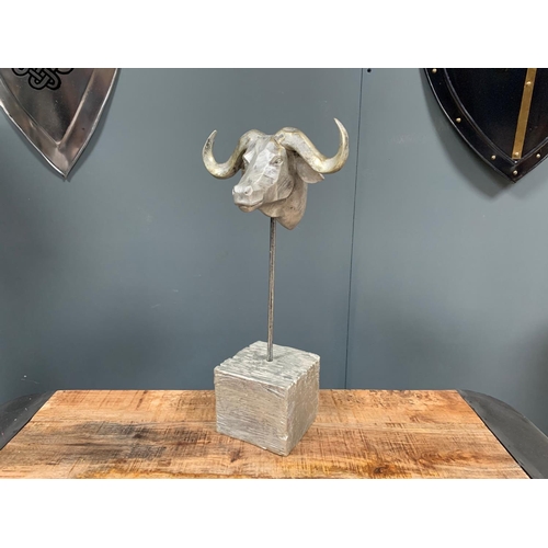 36 - BOXED NEW RESIN AND METAL BUFFALO HEAD ON STAND (H: 44cm W: 22cm D: 12cm)