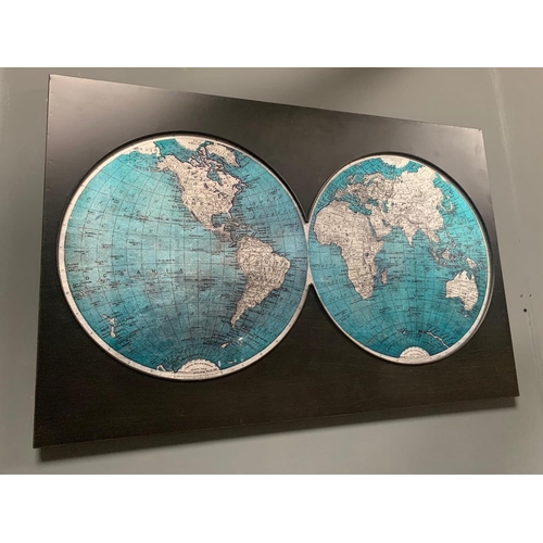 43 - BOXED NEW METAL AND GLASS WORLD MAP WALL DECORATION (H: 66cm W: 100cm D: 2cm)
