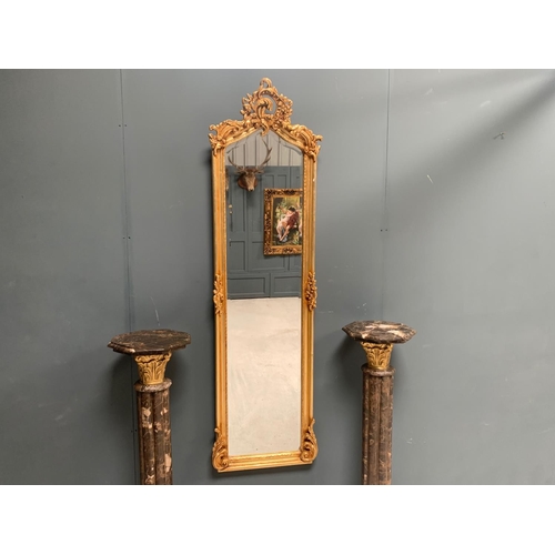 48 - LOUIS ANTIQUE GOLD ORNATE 1.7M TALL 0.5M WIDE WALL MIRROR IN WOOD AND PLASTER FRAME