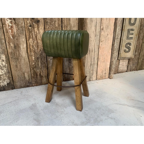 87 - LARGE VINTAGE INDUSTRIAL STYLE RIBBED LEATHER POMMEL HORSE STOOL IN GREEN