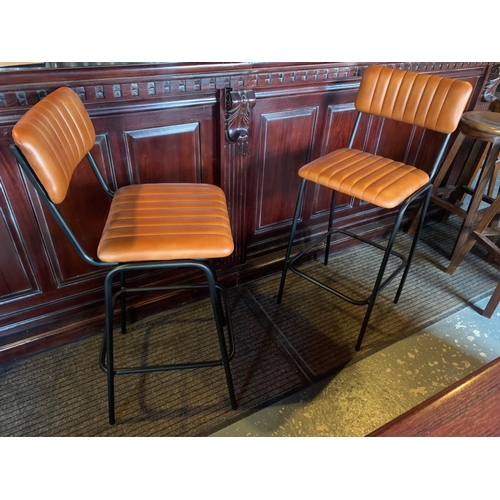 99 - NEW BOXED PAIR OF HIGHBACK RIBBED LEATHER BAR STOOLS IN TAN