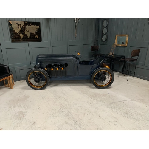 10 - BOXED VINTAGE METAL DARK BLUE RACING CAR MINI BAR/WINE RACK ON ORIGINAL WHEELS WITH GOLD TRIM INCLUD... 