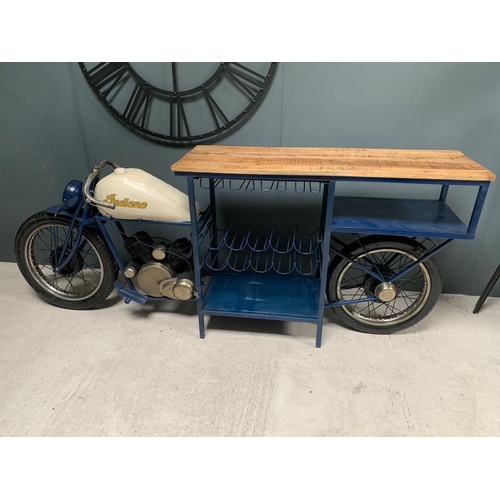 11 - HAND MADE BLUE AND WHITE INDIAN MOTORCYCLE BAR WITH WOODEN COUNTER TOP, MULTI-STOREY WINE RACK AND G... 