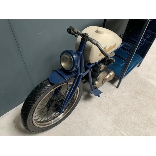 11 - HAND MADE BLUE AND WHITE INDIAN MOTORCYCLE BAR WITH WOODEN COUNTER TOP, MULTI-STOREY WINE RACK AND G... 