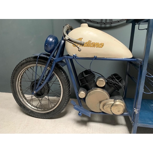 11 - HAND MADE BLUE AND WHITE INDIAN MOTORCYCLE BAR WITH WOODEN COUNTER TOP, MULTI-STOREY WINE RACK AND G... 