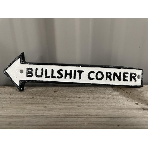 110 - CAST IRON BULL SHIT CORNER ARROW SIGN