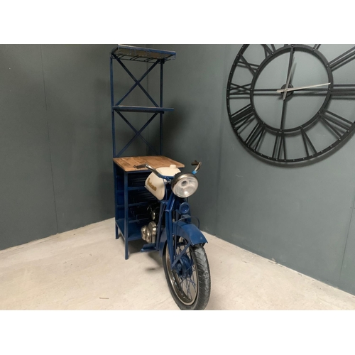 13 - INDIANA BLUE/WHITE HALF MOTORCYCLE BAR/COUNTER, C/W MULTI STOREY WINE RACK AND GLASSES HOLDER WITH O... 