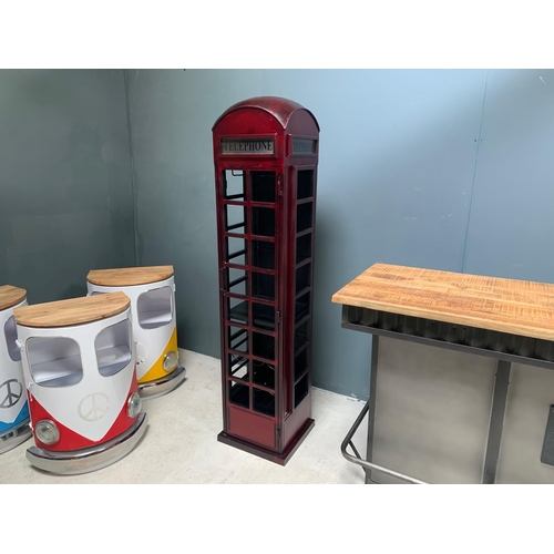 15 - BOXED TALL ICONIC LONDON TELEPHONE BOX, BAR CABINET WITH WINE RACK AND GLASS RACK IN FABRICATED META... 