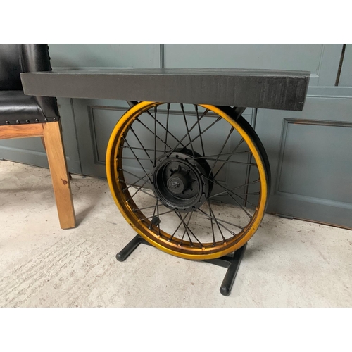 27 - BOXED HANDMADE UPCYCLED ORIGINAL  MOTORCYCLE WHEEL SIDE TABLE IN BLACK