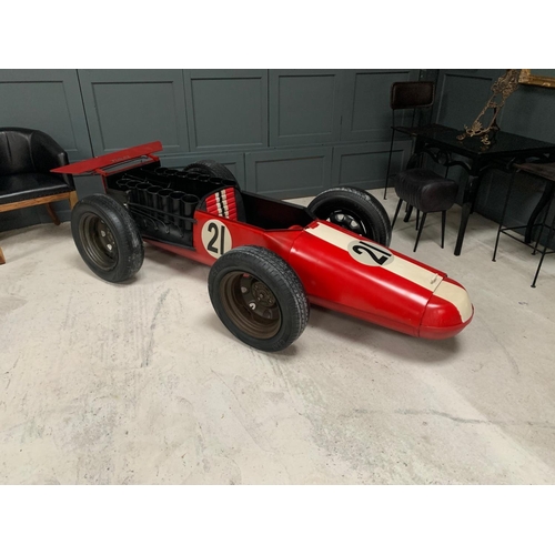 3 - FERRARI RACING CAR HAND MADE METAL CAR BAR ON ORIGINAL WHEELS C/W UNDER BONNET STORAGE WINE RACK ETC