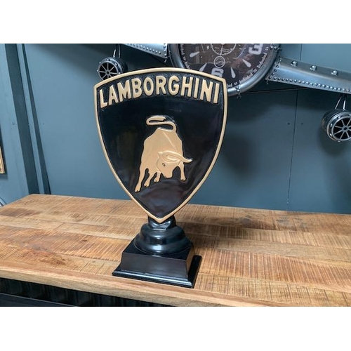 65 - CAST METAL BLACK AND GOLD LAMBORGHINI GLOBE/PLAQUE ON STAND