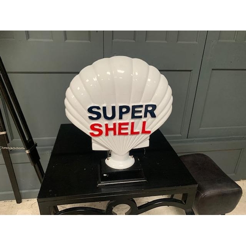 66 - CAST METAL WHITE SUPER SHELL GLOBE/PLAQUE ON STAND