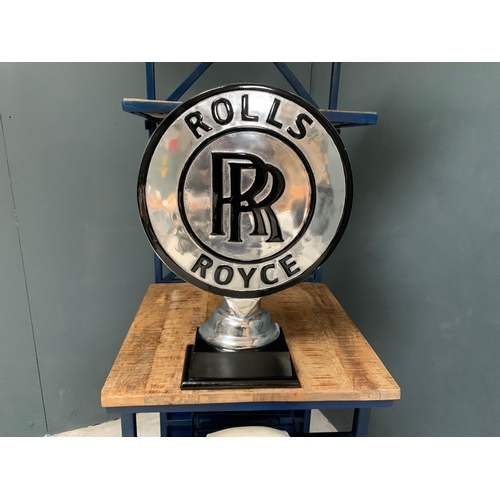 69 - CAST METAL SILVER AND BLACK ROLLYS ROYCE PLAQUE/GLOBE ON STAND