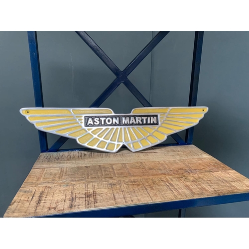 78 - CAST IRON ASTON MARTIN YELLOW AND SILVER WINGS SIGN