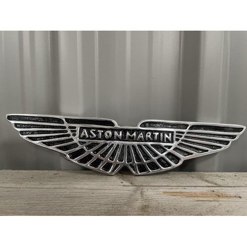 79 - CAST IRON ASTON MARTIN BLACK AND SILVER SMALL WINGS SIGN