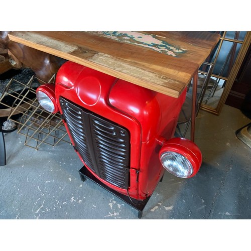 16 - VINTAGE RETRO RED TRACTOR MINI BAR/CABINET WITH WOODEN TOP AND WORKING LIGHTS