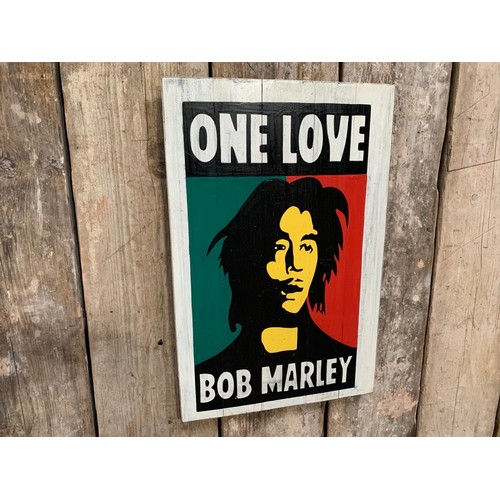 114 - BOB MARLEY ONE LOVE WOODEN PAINTED HANDMADE  SIGN (APPROX 65X45CM)