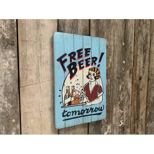 117 - BLUE FREE BEER WOODEN PAINTED HANDMADE  SIGN (APPROX 65X45CM)