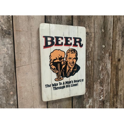 118 - BEER, THE WAY TO A MANS HEART WOODEN PAINTED HANDMADE  SIGN (APPROX 65X45CM)