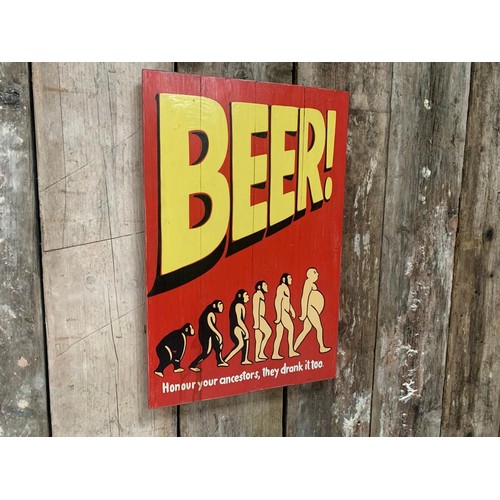 119 - RED AND YELLOW BEER ANCESTORS WOODEN PAINTED HANDMADE  SIGN (APPROX 65X45CM)