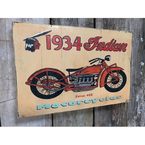 122 - 1934 INDIAN MOTORCYCLE WOODEN PAINTED HANDMADE  SIGN (APPROX 65X45CM)