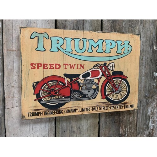 124 - TRIUMPH SPEED TWIN WOODEN PAINTED HANDMADE  SIGN (APPROX 65X45CM)