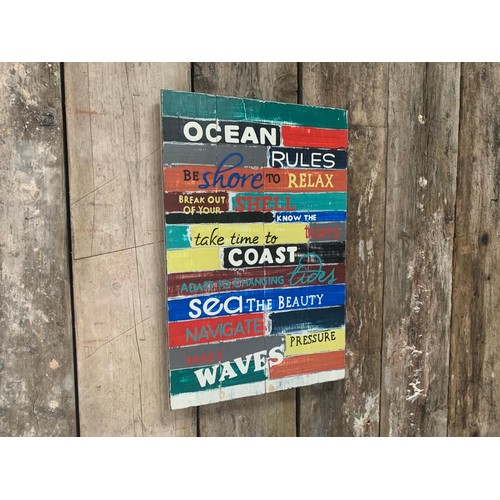 128 - OCEAN RULES WOODEN PAINTED HANDMADE  SIGN (APPROX 65X45CM)